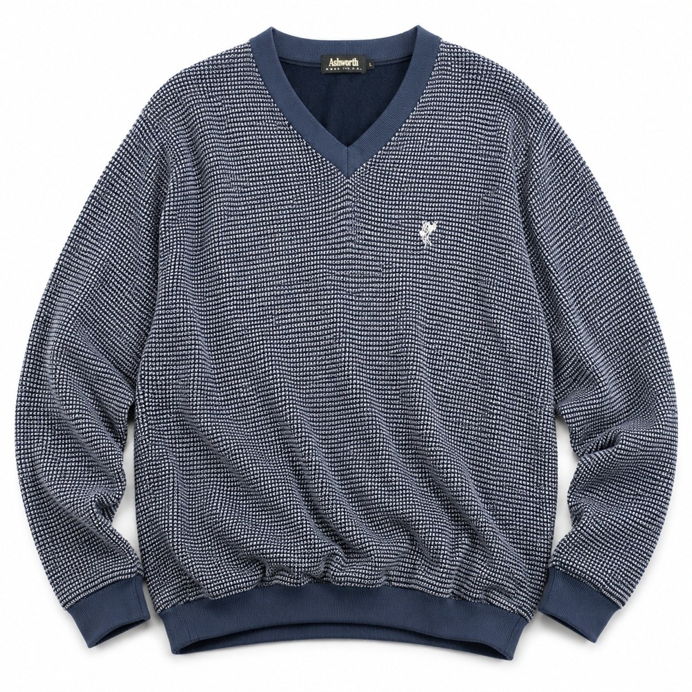 Ashworth Mens Large Striped V Neck Long Sleeve Shirt Blue White Golf Pullover